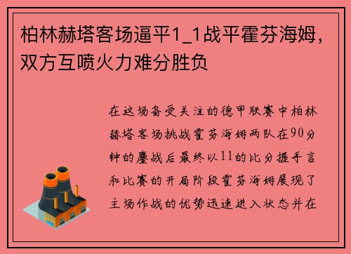 柏林赫塔客场逼平1_1战平霍芬海姆，双方互喷火力难分胜负